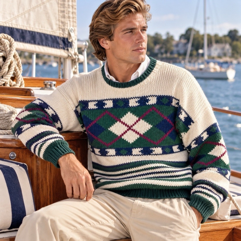 Structure Mens Large Ramie Cotton Geometric Sweater Green Cream Preppy 90s